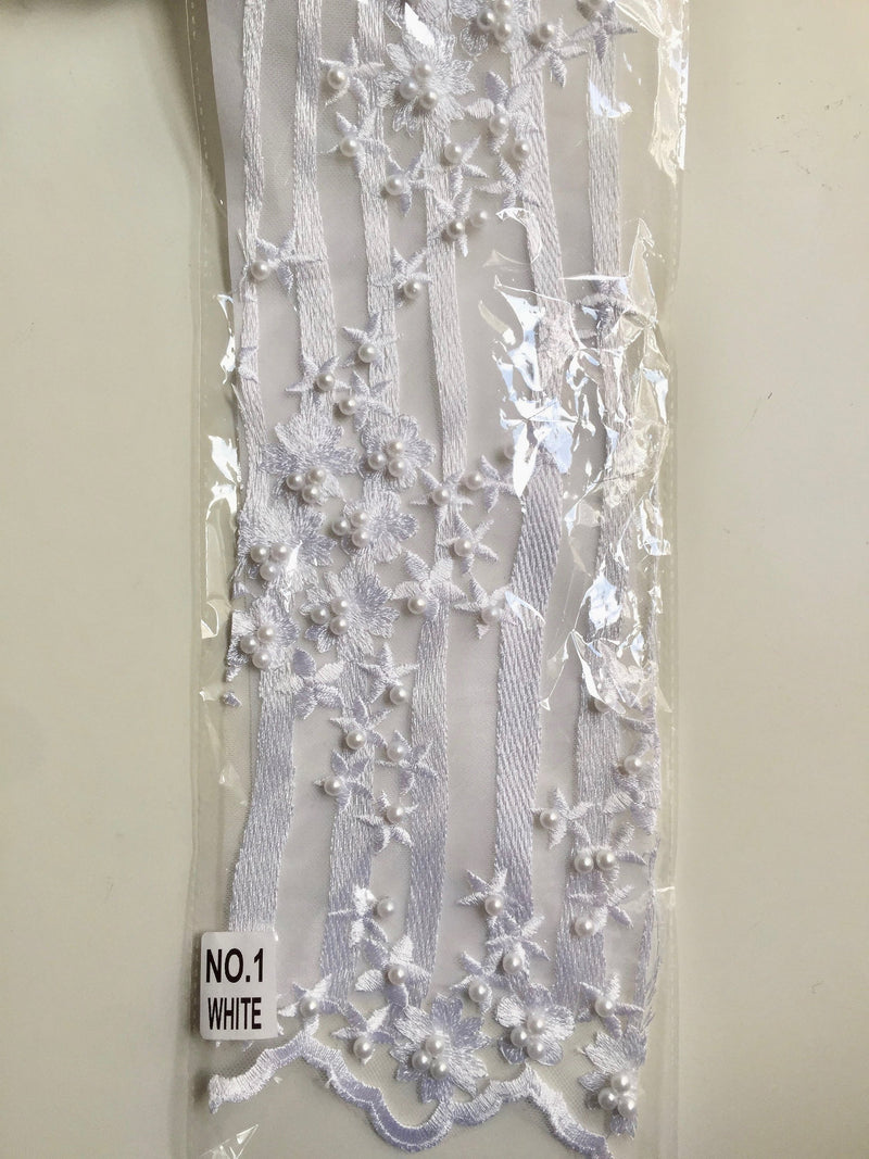 Kelsey WHITE Floral Beaded Lace Embroidery on Mesh Fabric by the Yard - 10093