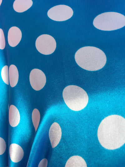 Shelby 0.75" WHITE Polka Dots on TURQUOISE Polyester Light Weight Satin Fabric by the Yard - 10070