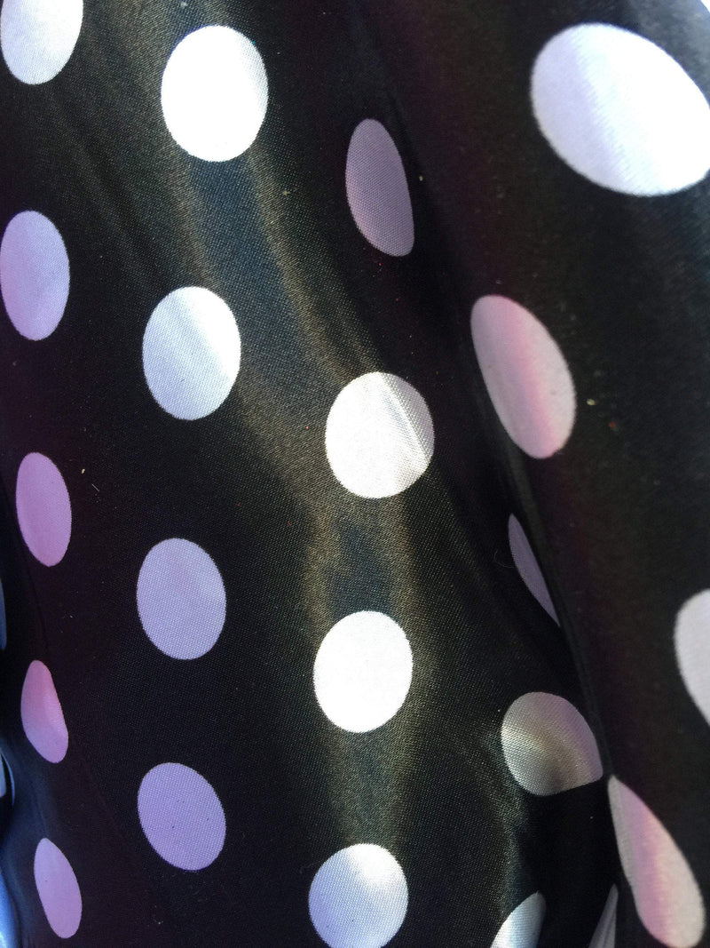 Shelby 0.75" WHITE Polka Dots on BLACK Polyester Light Weight Satin Fabric by the Yard - 10070