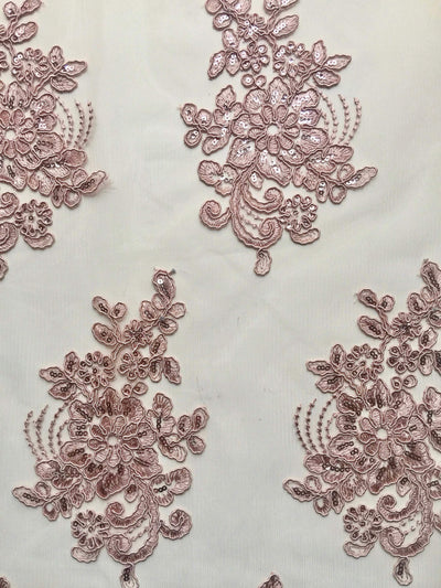 Brianna DUSTY ROSE Polyester Floral Embroidery with Sequins on Mesh Lace Fabric by the Yard - 10020