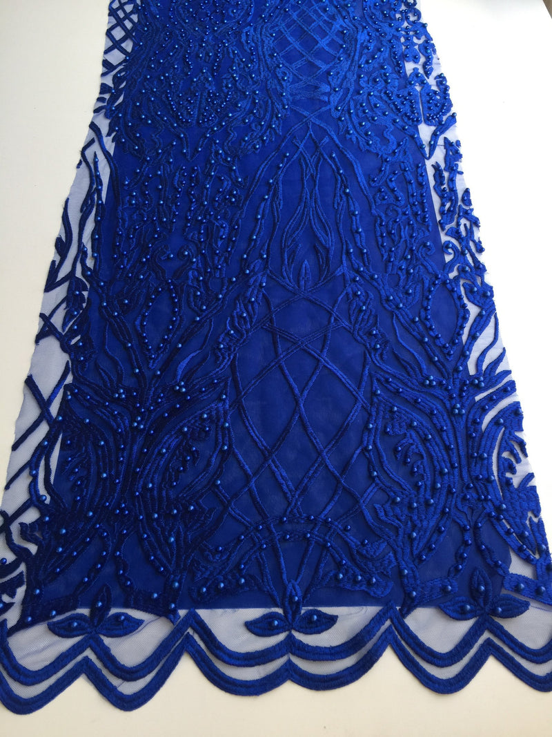 Sabrina ROYAL BLUE Faux Pearls Beaded Lace Embroidery on Mesh Fabric by the Yard - 10098