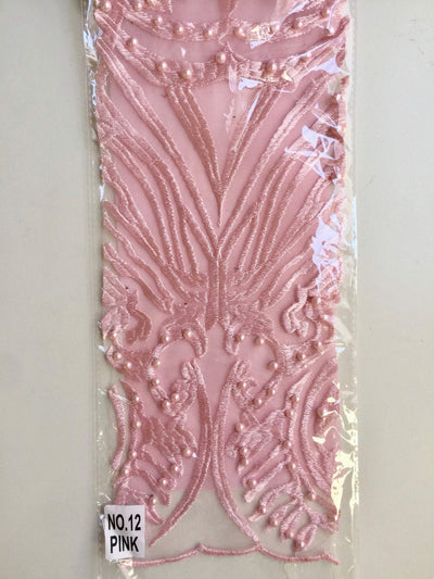 Sabrina PINK Faux Pearls Beaded Lace Embroidery on Mesh Fabric by the Yard - 10098
