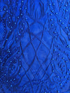 Sabrina ROYAL BLUE Faux Pearls Beaded Lace Embroidery on Mesh Fabric by the Yard - 10098