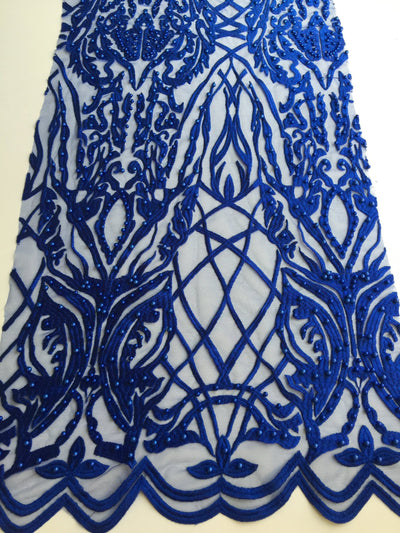 Sabrina ROYAL BLUE Faux Pearls Beaded Lace Embroidery on Mesh Fabric by the Yard - 10098