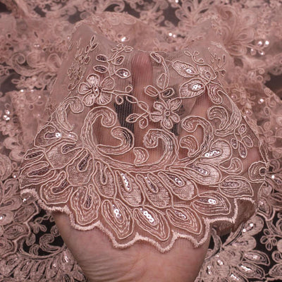 Melody DUSTY PINK Polyester Floral Embroidery with Sequins on Mesh Lace Fabric by the Yard for Gown, Wedding, Bridesmaid, Prom - 10002