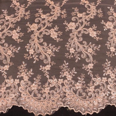 Melody PEACH Polyester Floral Embroidery with Sequins on Mesh Lace Fabric by the Yard for Gown, Wedding, Bridesmaid, Prom - 10002