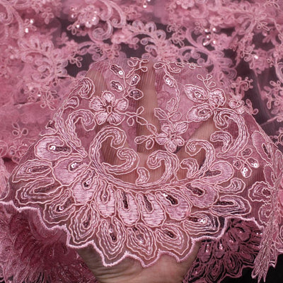 Melody PINK Polyester Floral Embroidery with Sequins on Mesh Lace Fabric by the Yard for Gown, Wedding, Bridesmaid, Prom - 10002
