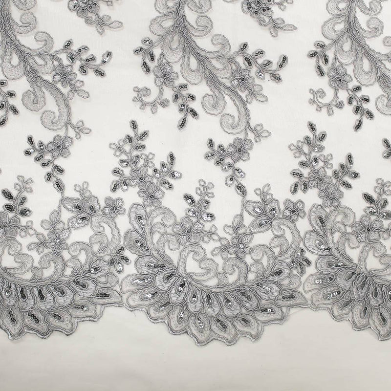 Melody GREY Polyester Floral Embroidery with Sequins on Mesh Lace Fabric by the Yard for Gown, Wedding, Bridesmaid, Prom - 10002