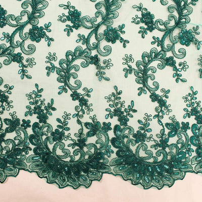 Melody HUNTER GREEN Polyester Floral Embroidery with Sequins on Mesh Lace Fabric by the Yard for Gown, Wedding, Bridesmaid, Prom - 10002