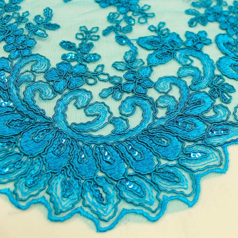 Melody TURQUOISE Polyester Floral Embroidery with Sequins on Mesh Lace Fabric by the Yard for Gown, Wedding, Bridesmaid, Prom - 10002
