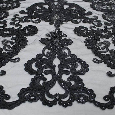 Vivian BLACK Polyester Embroidery with Sequins on Mesh Lace Fabric by the Yard for Gown, Wedding, Bridesmaid, Prom - 10003