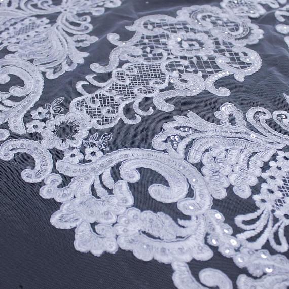 Vivian WHITE Polyester Embroidery with Sequins on Mesh Lace Fabric by the Yard for Gown, Wedding, Bridesmaid, Prom - 10003