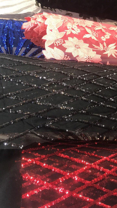 Jordyn BLACK Diamond Sequins on BLACK Mesh Lace Fabric by the Yard - 10008