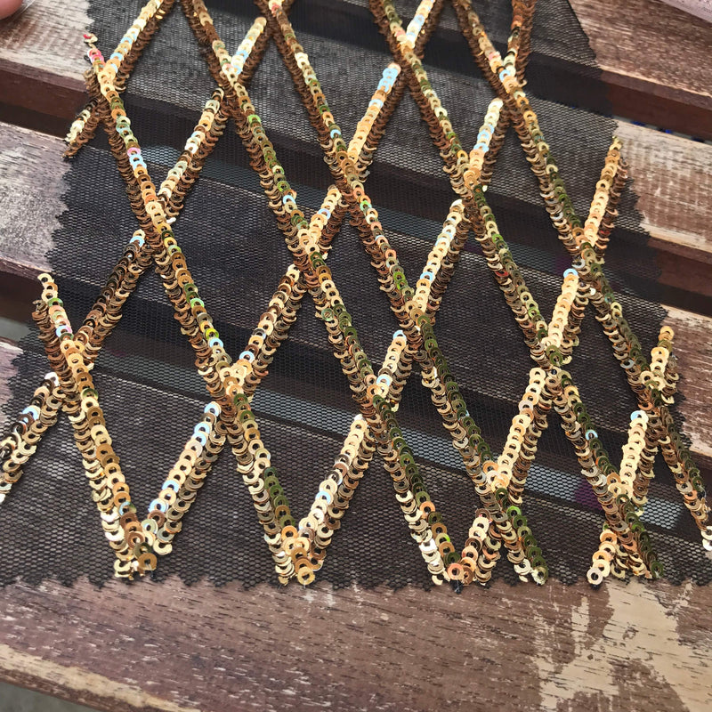 Jordyn GOLD Diamond Sequins on BLACK Mesh Lace Fabric by the Yard - 10008