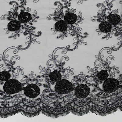 Ryleigh BLACK 3-D Floral Embroidery with Foil & Sequins on Mesh Lace Fabric by the Yard - 10010