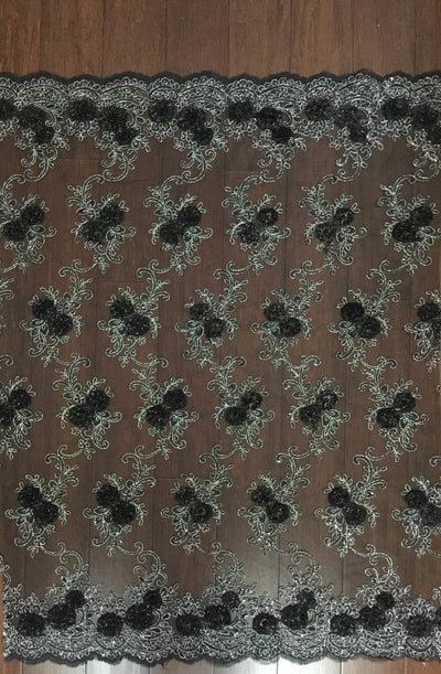 Ryleigh BLACK 3-D Floral Embroidery with Foil & Sequins on Mesh Lace Fabric by the Yard - 10010