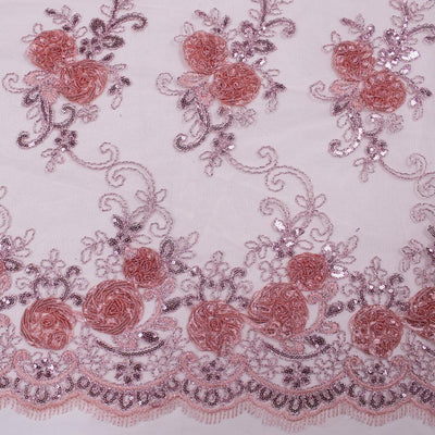 Ryleigh CORAL 3D Floral Embroidery with Foil & Sequins on Mesh Lace Fabric by the Yard - 10010