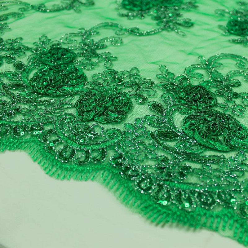 Ryleigh GREEN 3D Floral Embroidery with Foil & Sequins on Mesh Lace Fabric by the Yard - 10010