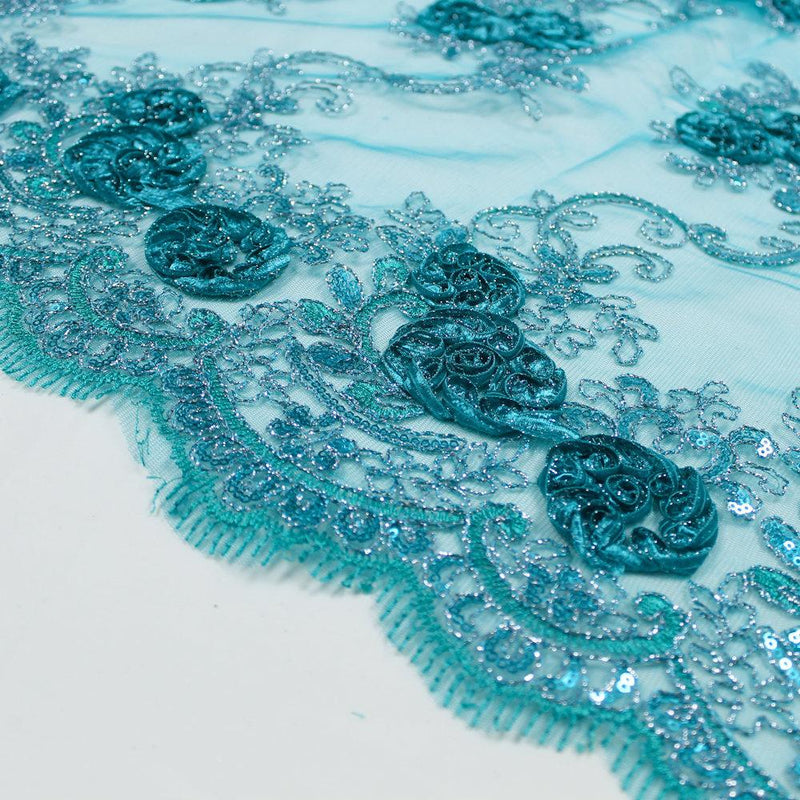 Ryleigh JADE 3D Floral Embroidery with Foil & Sequins on Mesh Lace Fabric by the Yard - 10010