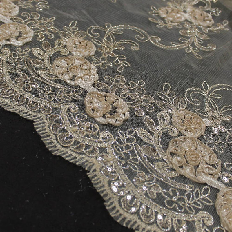 Ryleigh CHAMPAGNE 3D Floral Embroidery with Foil & Sequins on Mesh Lace Fabric by the Yard - 10010