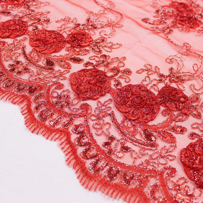 Ryleigh RED 3D Floral Embroidery with Foil & Sequins on Mesh Lace Fabric by the Yard - 10010