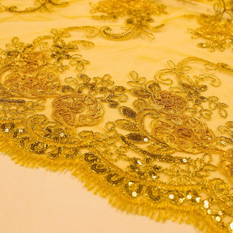Ryleigh BRIGHT YELLOW 3D Floral Embroidery with Foil & Sequins on Mesh Lace Fabric by the Yard - 10010