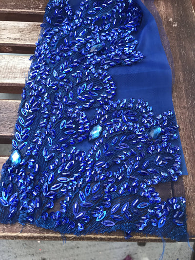 Gracie ROYAL BLUE Vegas Peacock Beaded Sequins Embroidered on Mesh Lace Fabric by Panel - 10012