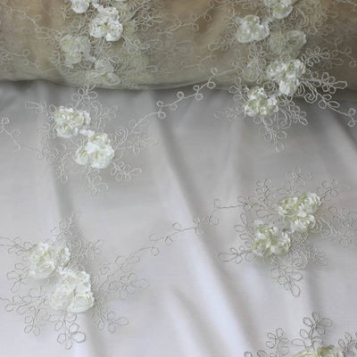 Andrea IVORY 3D Floral Matte Corded Embroidery on Mesh Lace Fabric by the Yard - 10016