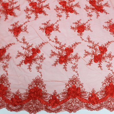Andrea RED 3D Floral Matte Corded Embroidery on Mesh Lace Fabric by the Yard - 10016