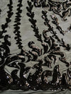 Miranda BLACK Vines and Leaves Sequins on BLACK Mesh Lace Fabric by the Yard - 10061