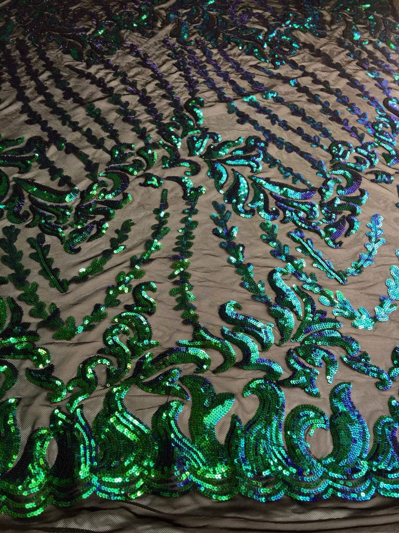 Miranda GREEN BLUE Mermaid Vines and Leaves Sequins on BLACK Mesh Lace Fabric by the Yard - 10061