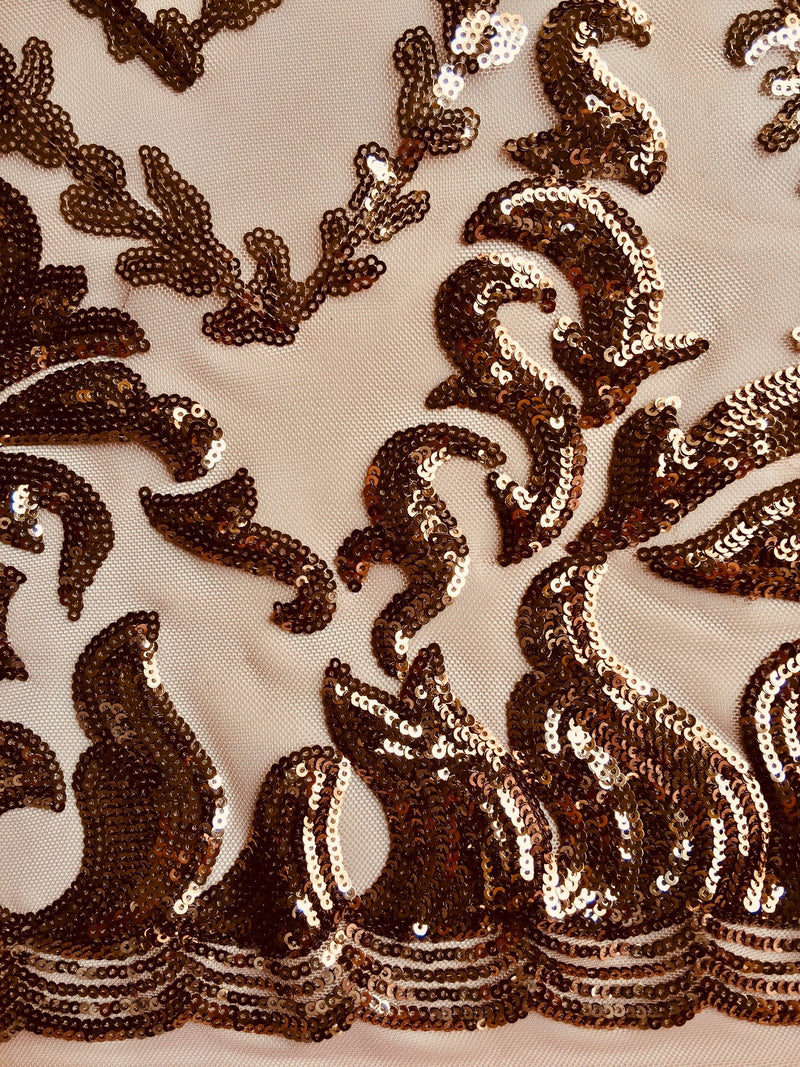 Miranda BRONZE Vines and Leaves Sequins on DUSTYPINK Mesh Lace Fabric by the Yard - 10061