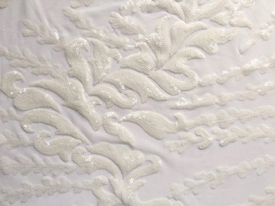 Miranda OFF WHITE Vines and Leaves Sequins on WHITE Mesh Lace Fabric by the Yard - 10061