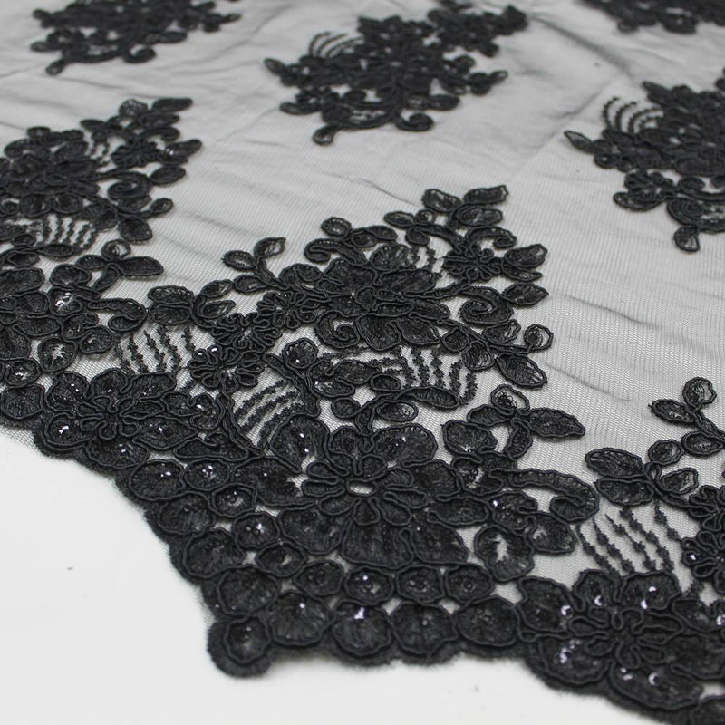 Brianna BLACK Polyester Floral Embroidery with Sequins on Mesh Lace Fabric by the Yard - 10020