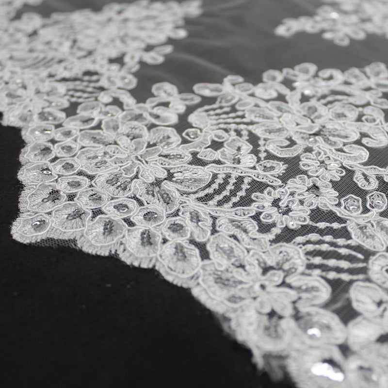 Brianna OFF WHITE Polyester Floral Embroidery with Sequins on Mesh Lace Fabric by the Yard - 10020