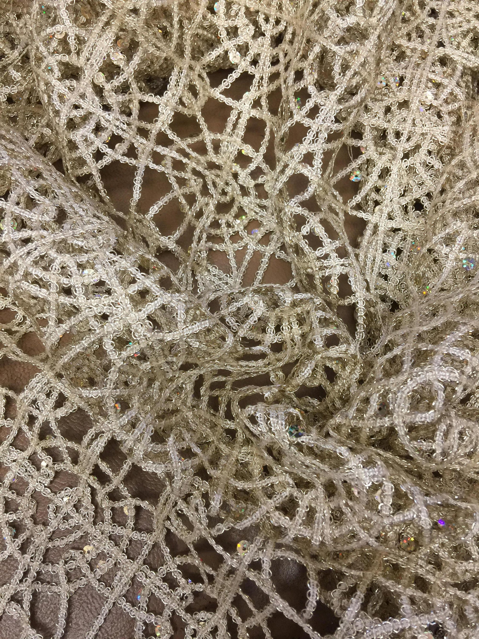 Harmony LIGHT GOLD Foil and Sequins Open Weave Lace Fabric by the Yard - 10023