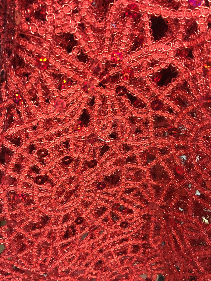 Harmony RED Foil and Sequins Open Weave Lace Fabric by the Yard - 10023