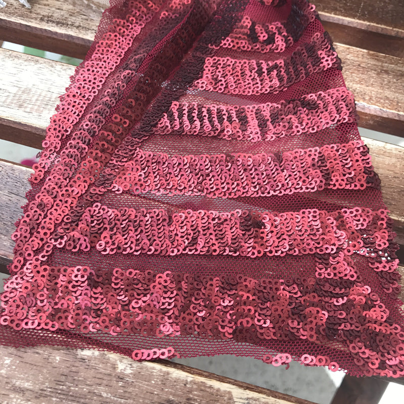 Thea BURGUNDY Geometric Sequins Diamond & Stripes on Mesh Lace Fabric by the Yard - 10026