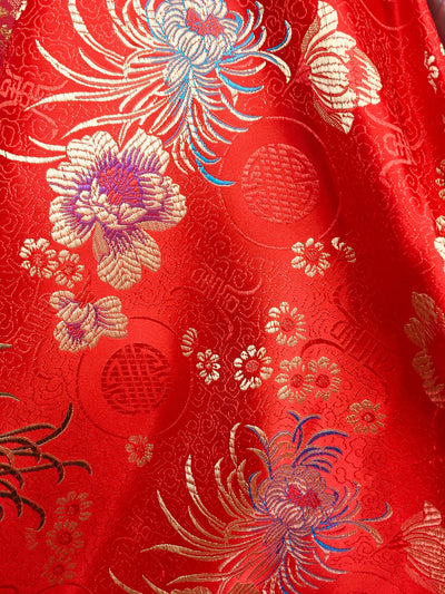 Kate RED Floral Brocade Chinese Satin Fabric by the Yard - 10037