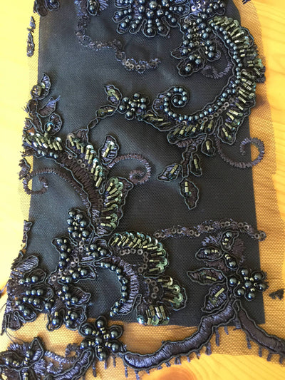 Jayla NAVY BLUE Floral Embroidery with Beads and Sequins on Mesh Lace Fabric by the Yard - 10044