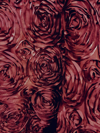 Paige BURGUNDY 3D Floral Polyester Satin Rosette Fabric by the Yard - 10028