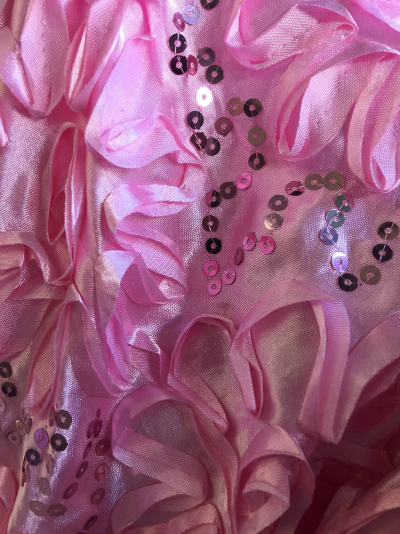 Allie LIGHT PINK 3D Floral Polyester Satin Rosette with Sequins Fabric by the Yard - 10051