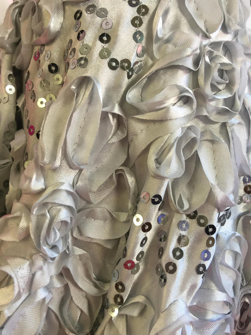 Allie SILVER 3D Floral Polyester Satin Rosette with Sequins Fabric by the Yard - 10051