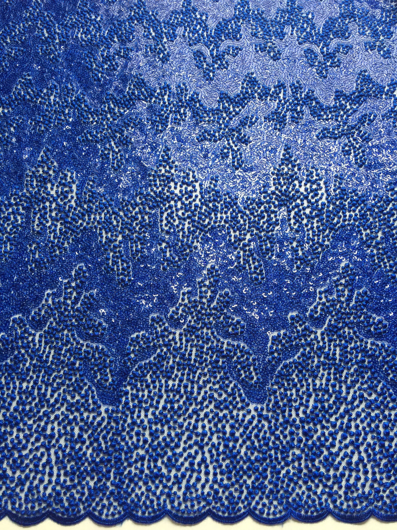 Joanna ROYAL BLUE Maze Sequins Embroidered Dots on Mesh Lace Fabric by the Yard - 10074