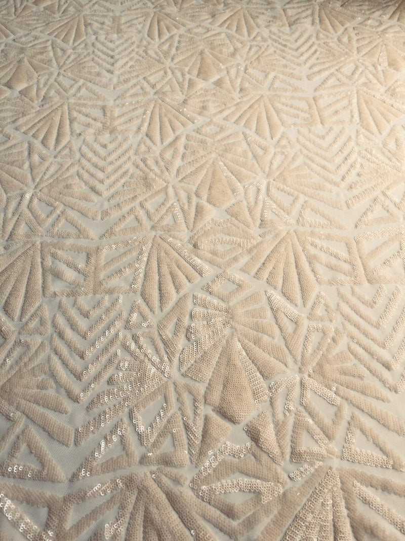 Gia LIGHT BLUSH PEACH Geometric Sequins on Mesh Lace Fabric by the Yard - 10101