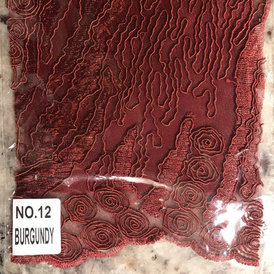 Katelyn BURGUNDY Vines and Swirls Corded Embroidery on Mesh Fabric by the Yard - 10045