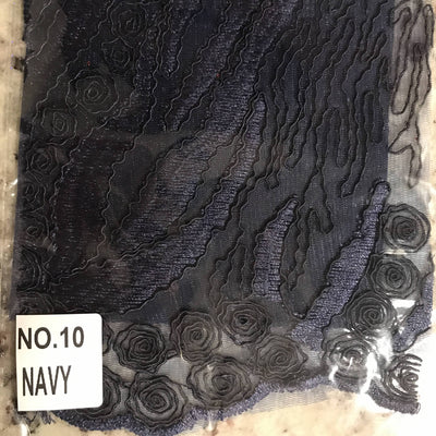 Katelyn NAVY BLUE Vines and Swirls Corded Embroidery on Mesh Fabric by the Yard - 10045