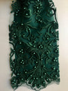 Daphne HUNTER GREEN Faux Pearls Beaded Flowers and Vines Lace Embroidery on Mesh Fabric by the Yard - 10103