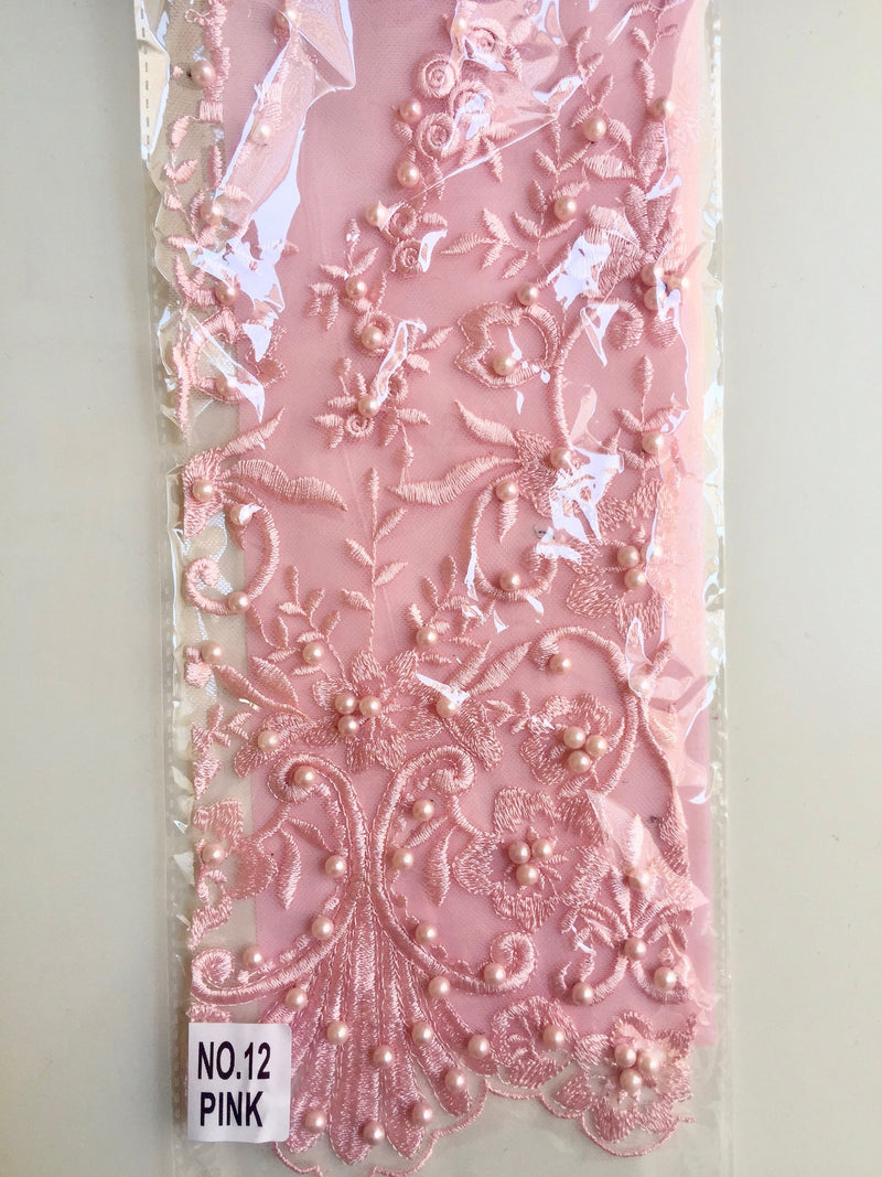 Daphne PINK Faux Pearls Beaded Flowers and Vines Lace Embroidery on Mesh Fabric by the Yard - 10103