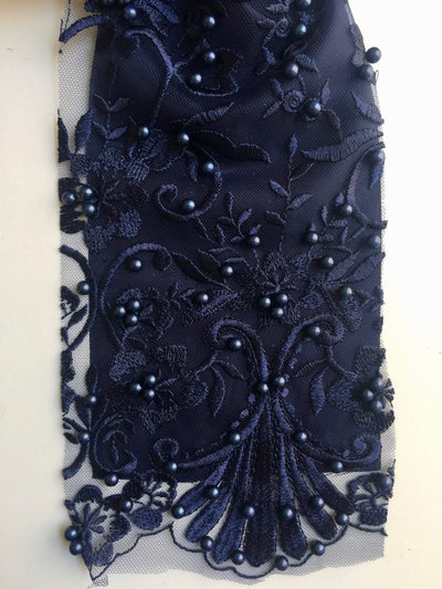 Daphne NAVY BLUE Faux Pearls Beaded Flowers and Vines Lace Embroidery on Mesh Fabric by the Yard - 10103